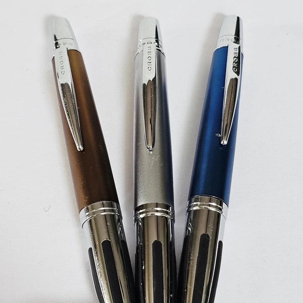 Vintage Cross ATX Ballpoint Pen Set 3 Metallic Blue Silver Bronze Ergonomic Grip